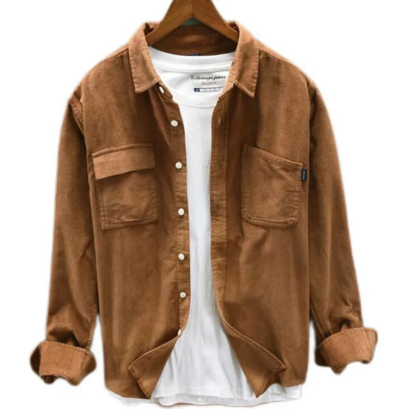 Big-Pocket Men Corduroy Pure Cotton Shirt Full Sleeve Vintage Pockets Warm Gray Casual Top Young Cotton Trendy Shirt