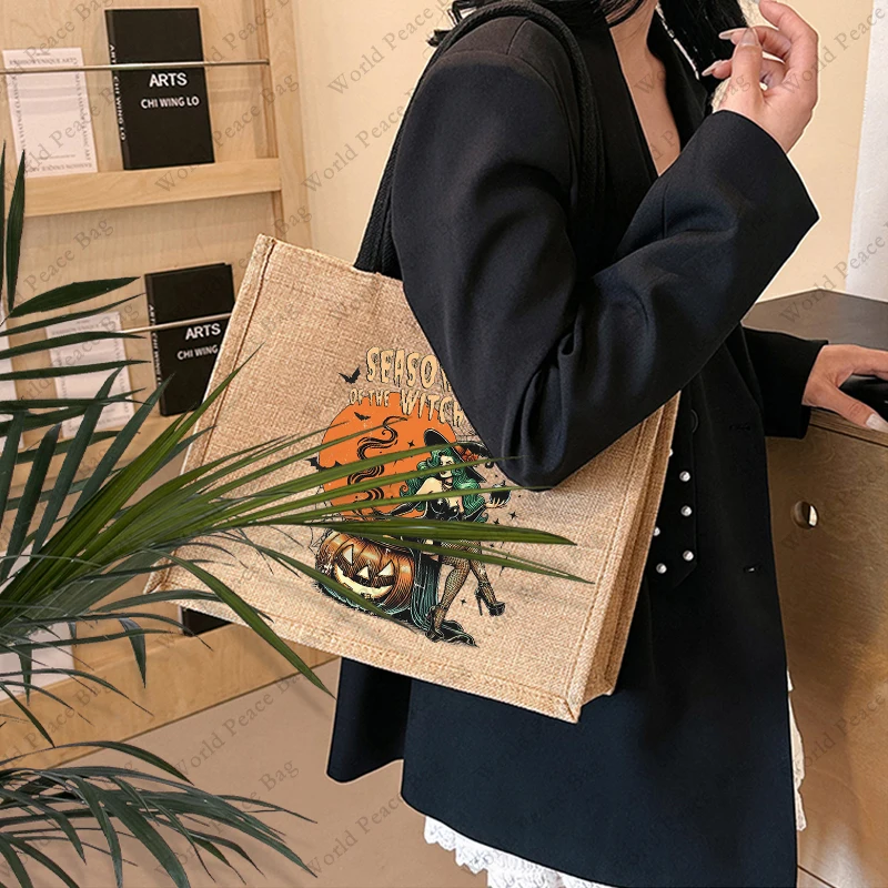1 шт. Большая Парусиновая пляжная сумка-тоут с принтом ведьмы на Хэллоуин