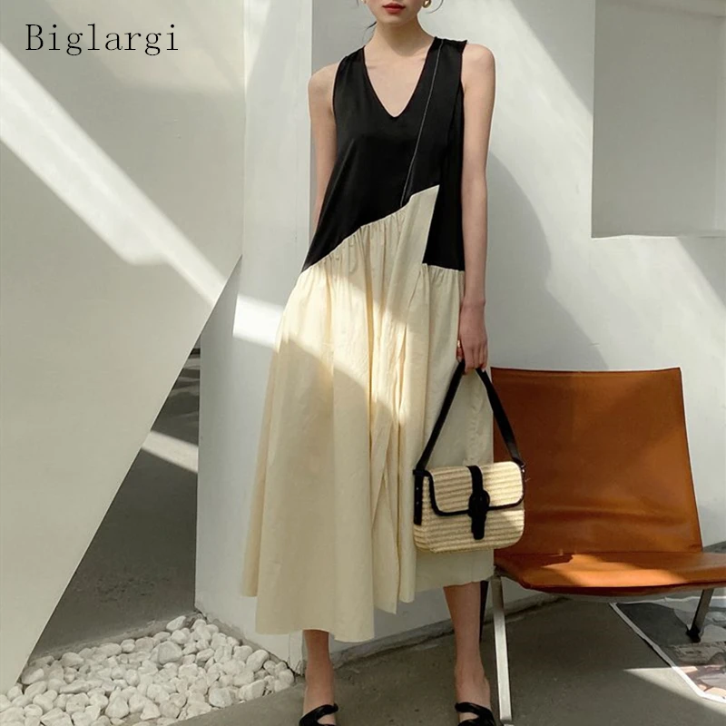 

Sleeveless Patchwork Long Summer Dress Women Korean Style Ladies Dresses Casual Sundress Woman Dress Robe Femme 2022 Fashion