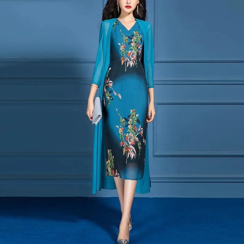 

Summer Long Dress Chiffon Elegant Short Sleeve Women Jacket and Dress 2 Piece Set Mid-Calf Length Print Pattern Dresses 2022