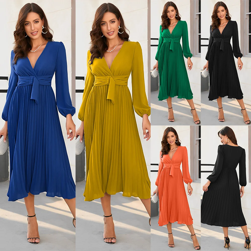 

Women's new long sleeve slim pleated belt V-neck dress 241