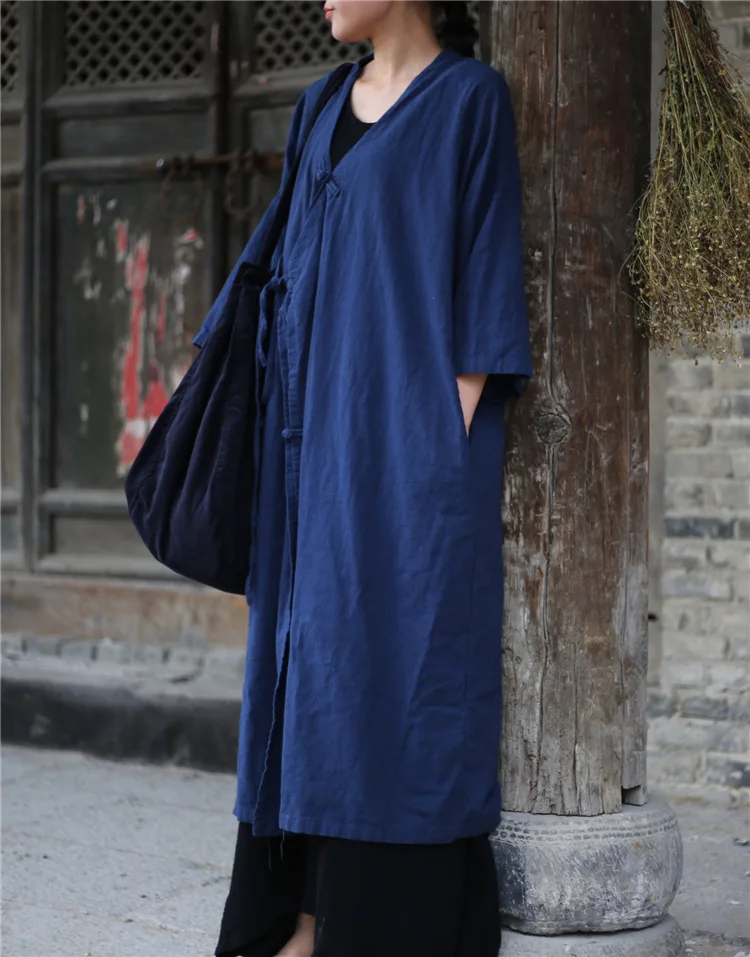 Женский льняной тренчкот на пуговицах винтажный свободный в китайском стиле с