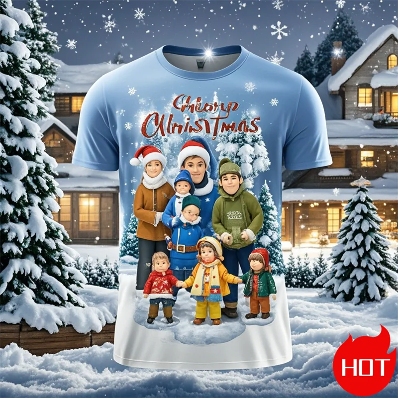 2024 New Fashion Xmas T-Shirt Santa Claus Casual 3D Printed Street Hip Hop Family Reunion Christmas Gift Kids Short Sleeve Tops