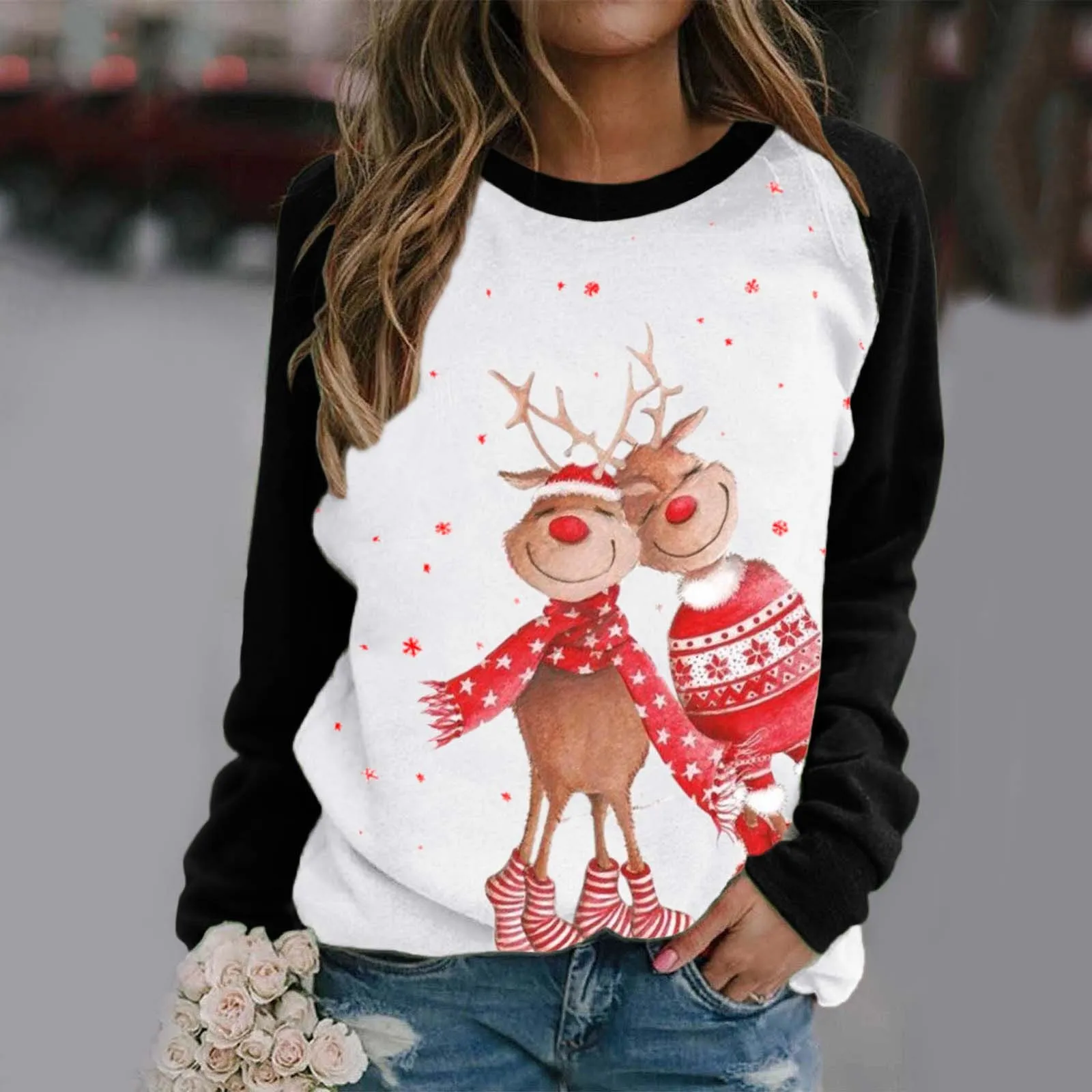 

2023 Christmas Sweatshirt Women's Fashion Top Shirts Color Print Long-sleeved O Neck Warm Sweatshirt Women's Xmas Santa Hoodies