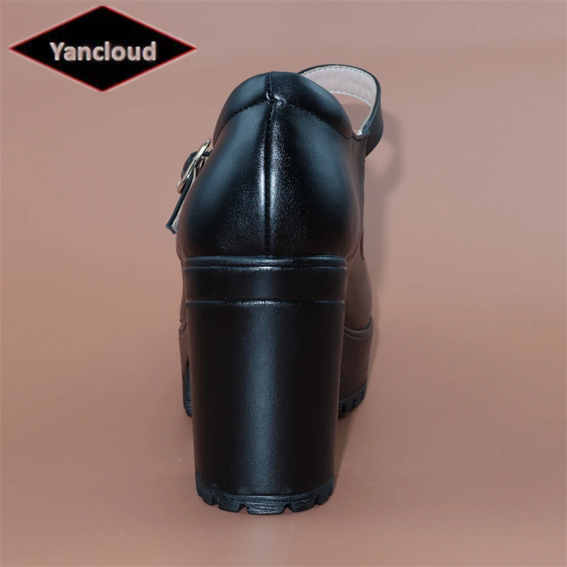 Size 33-43 Block Heel Platform Pumps Women Soft Leather Mary Janes 2023 Shallow High Heels Shoes Black for Office Mother Model