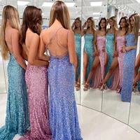 2022 sparkling prom dresses spaghetti straps sexy lace up backless cocktail party evening long side split bridesmaid dress