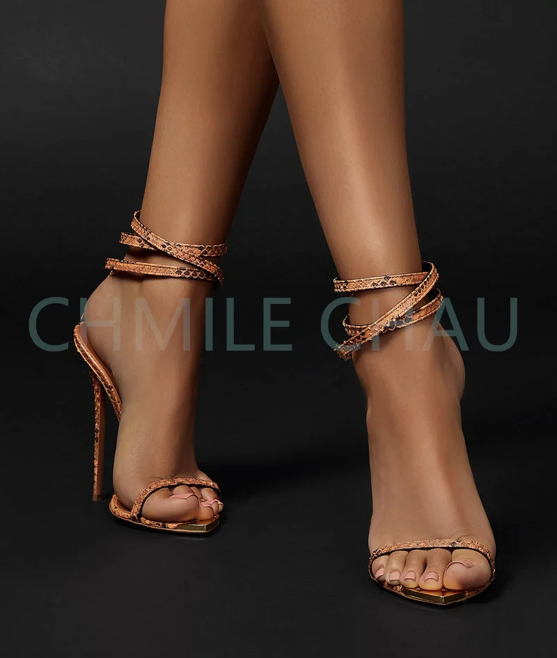 High Quality Sandal Woman Summer 2023 New Pointed Toe Ankle Strap Snake Thin High Heel Sexy Stiletto Lady Designer Shoe 2-CHC-32