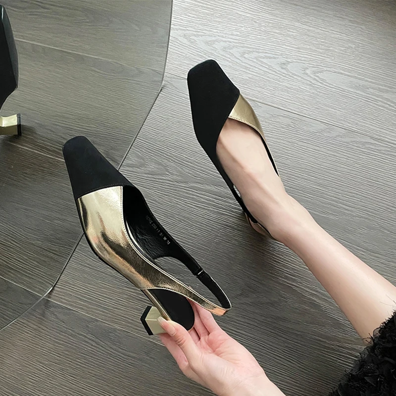 

Женские блестящие туфли-лодочки на среднем каблуке, новинка 2023, модная летняя обувь, блестящие женские туфли из искусственной кожи