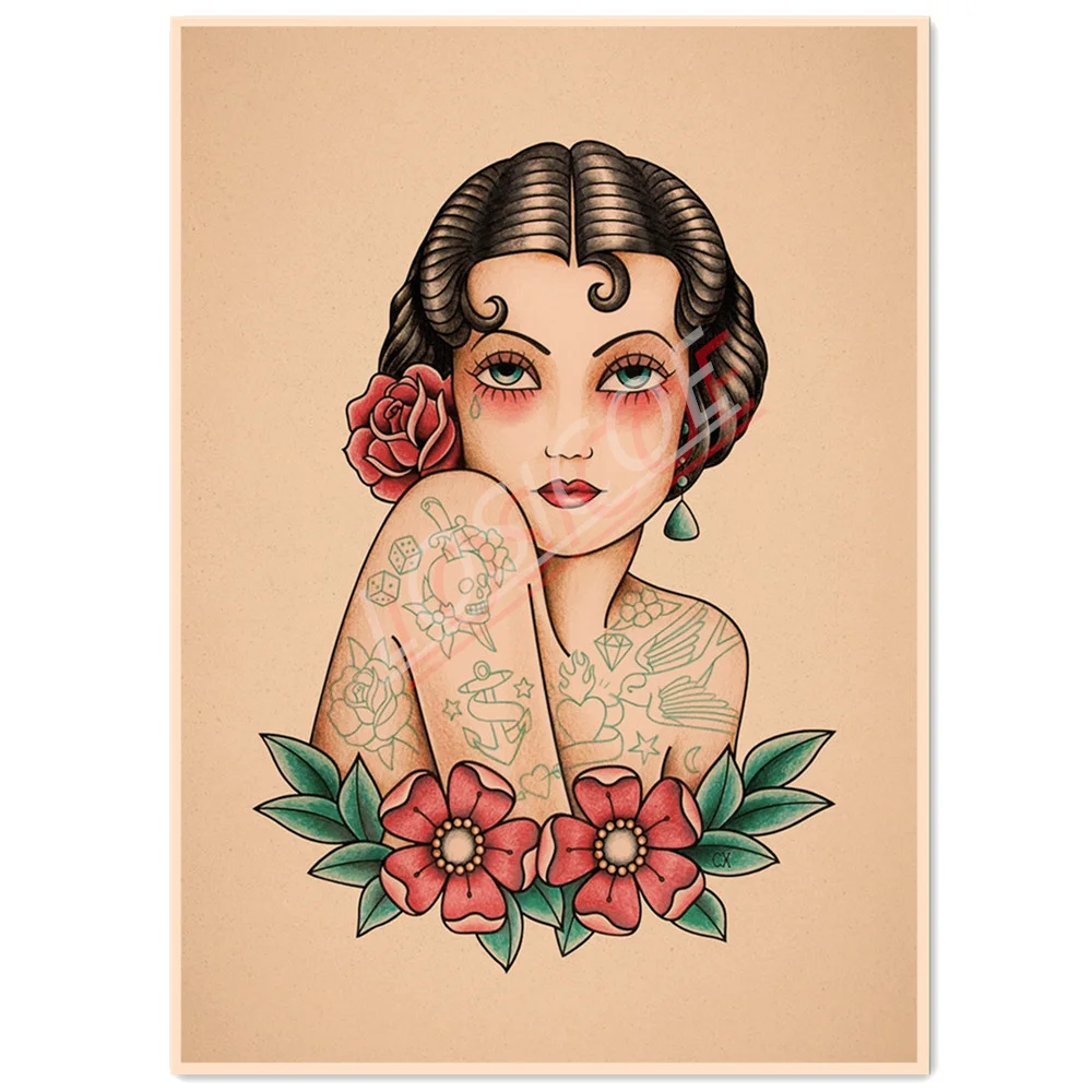 

Beauty Girl Tattoo Art Posters and Prints Wall Art Mural Vintage Kraft Paper Painting Wall Stickers Bar Cafe Home Decoration