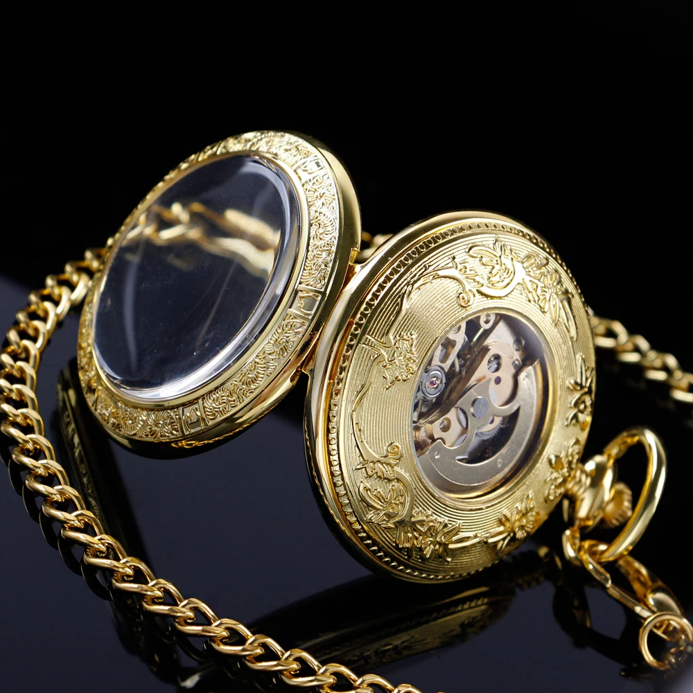 New Gold Transparent Roman Digital Mechanical Pocket Watch Vintage Hollow-Out Case Analog Skeleton Men's Mechanical Pocket Watch