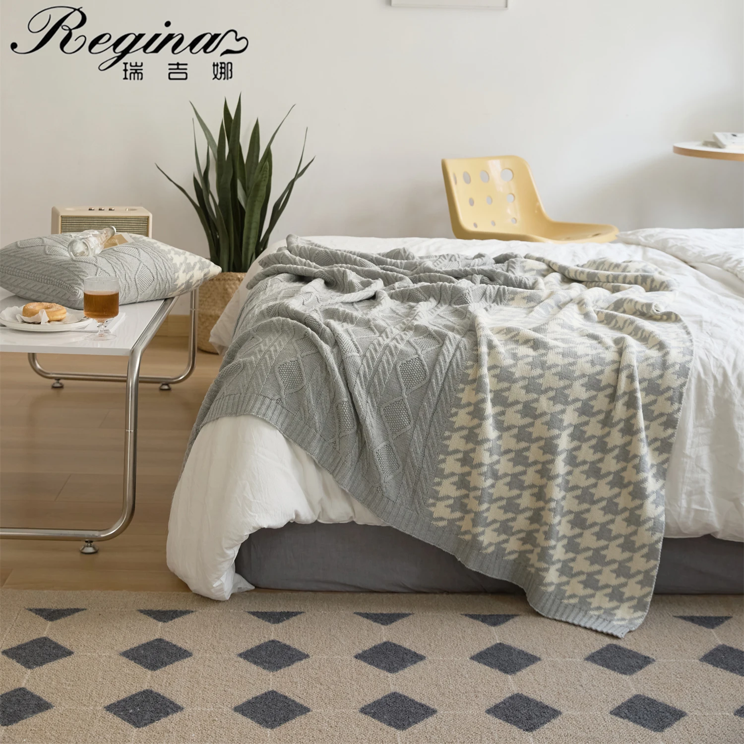 

REGINA Nordic Houndstooth Decorative Blanket For Sofa Bed Couch Chair Car Elegant Delicate Twist Stripe Soft Warm Plaid Blankets