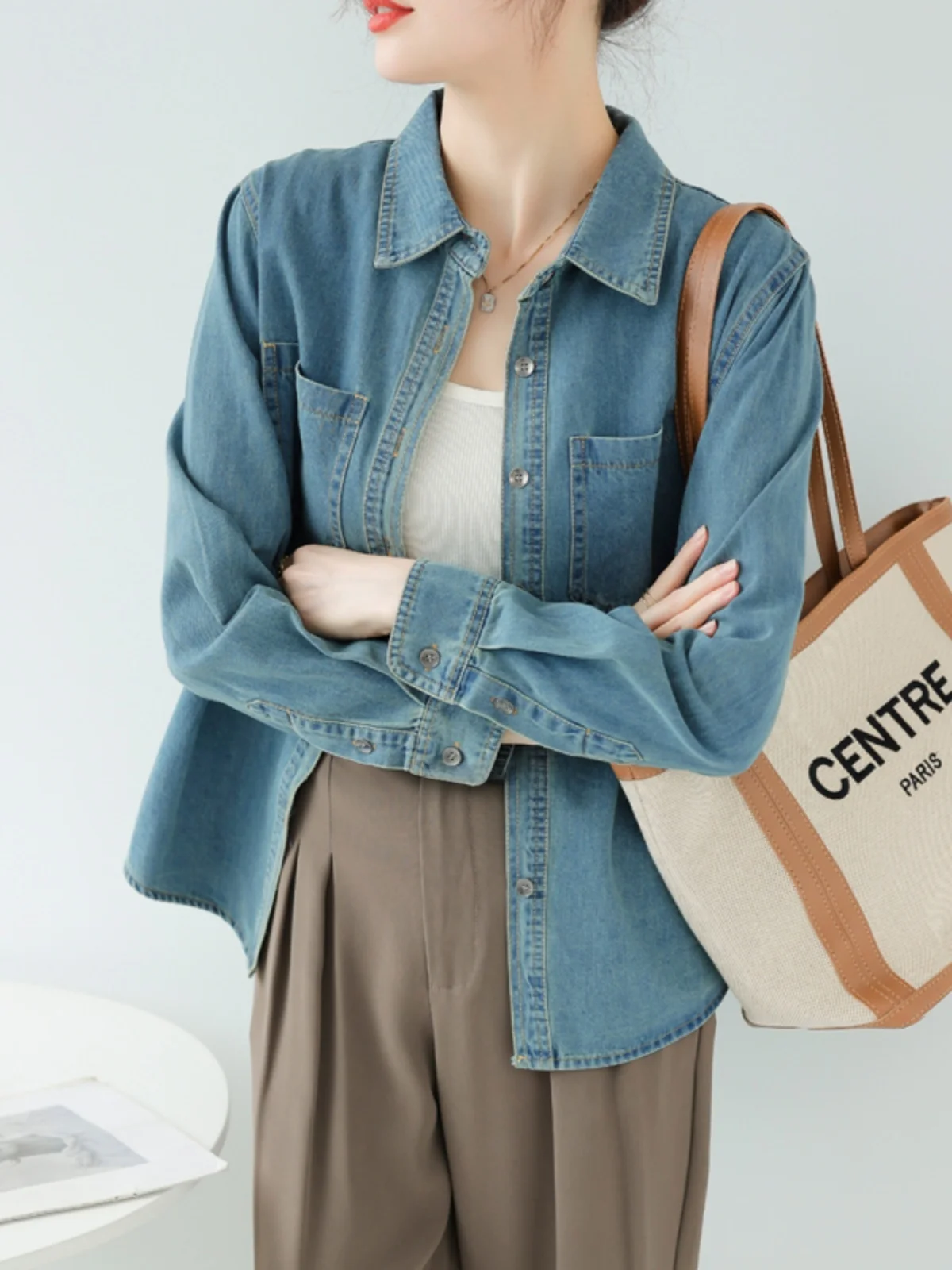 Мягкие джинсовые рубашки с потертыми плечами в стиле ретро женские осенне-зимние