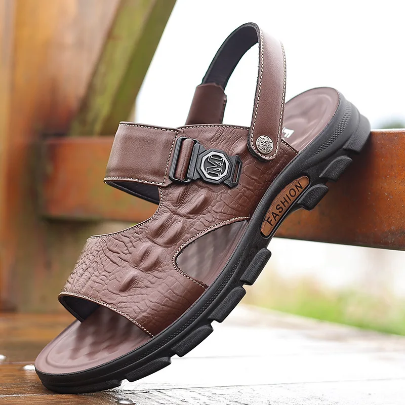 SALUDAS Men's Sandals Summer Men's Slippers Anti Slip Breathable Comfortable Leather Men's Casual Sandals Beach Sandals