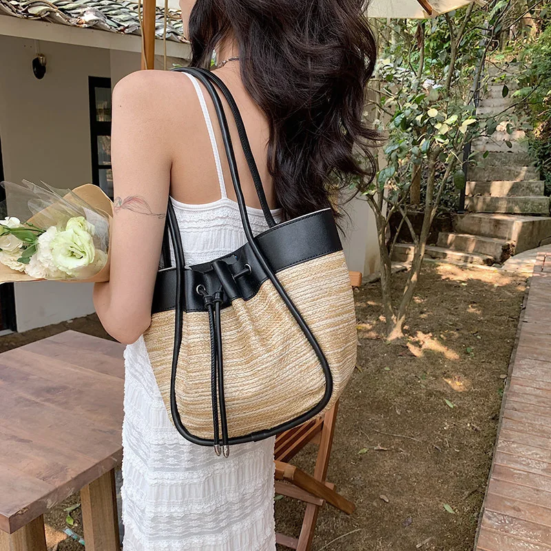 

Summer Beach Drawstring Bucket Bag for Women New Tide Shoulder Bag Female 2023 Spring Handbag Korean Style Small Tote Bag