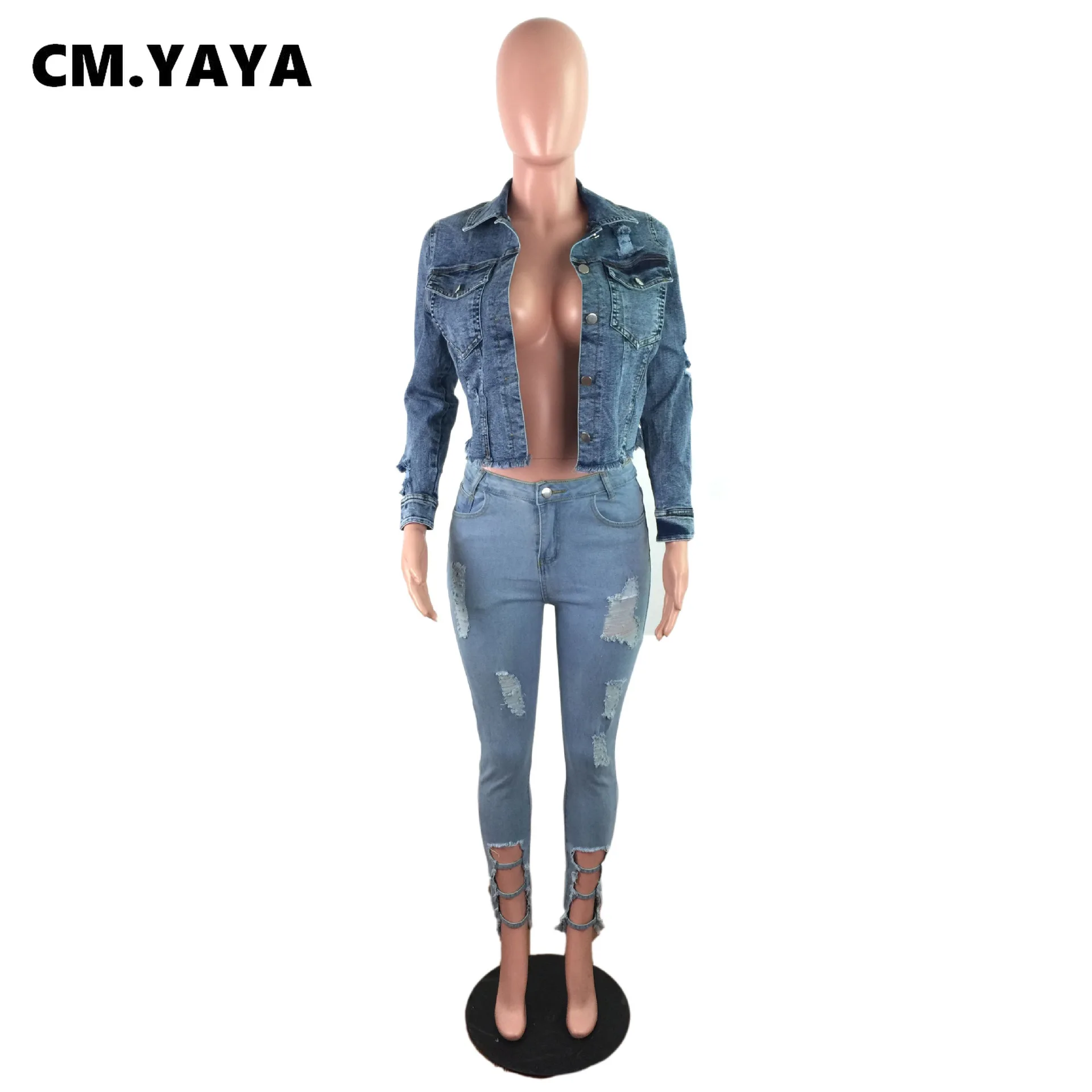 Женское джинсовое пальто CM.YAYA aumumn повседневное с длинными рукавами куртка