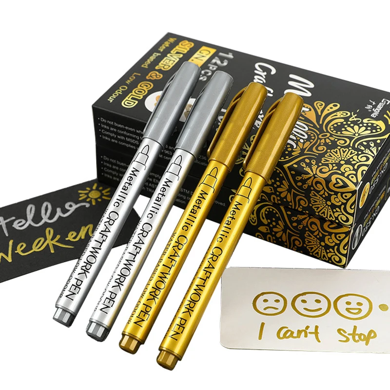 

Золотистая и серебристая маркерная ручка, ручка для проверки, металлическая ручка для рисования «сделай сам», Черный Альбом для рисования, ручка для граффити, ручка-маркер для заметок