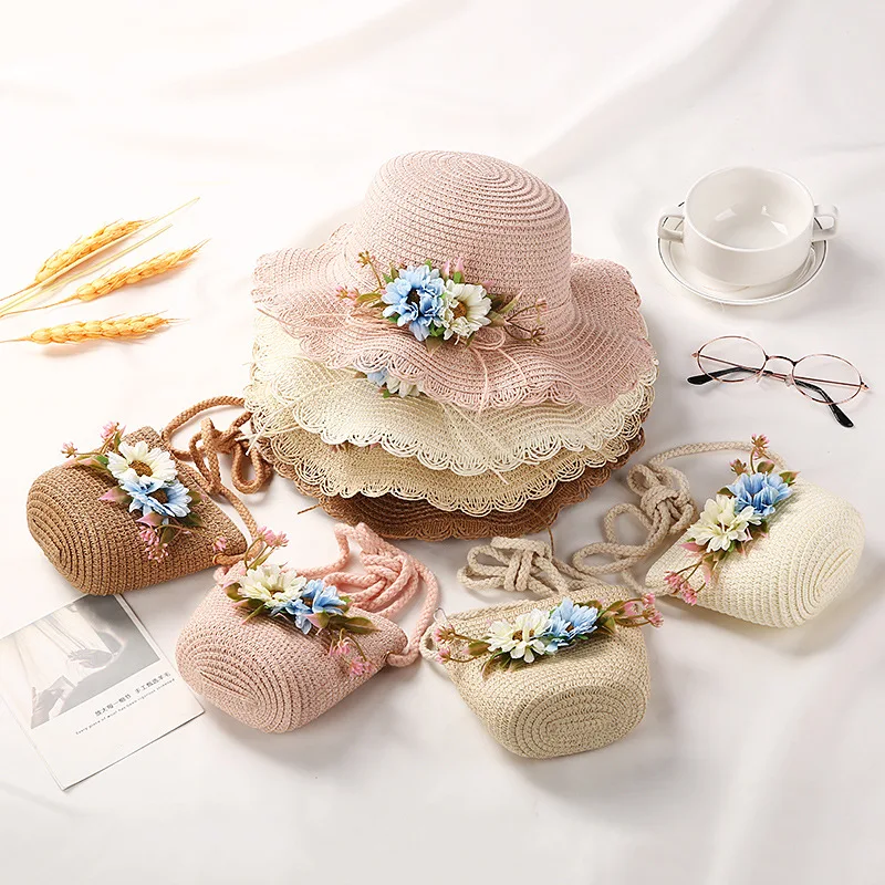 

Beige White Straw Bucket Hat Children Girls Flower Sun Hat Crossbody Bag Set Summer Beach Sun Protection Hats For Kids 2-8 Years