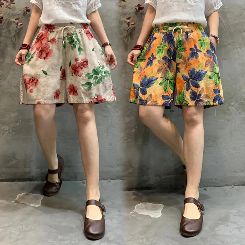 

2022 Summer New Fashion Simple Printing Loose Casual Pants Ramie Wide Leg Five-point Pants Women