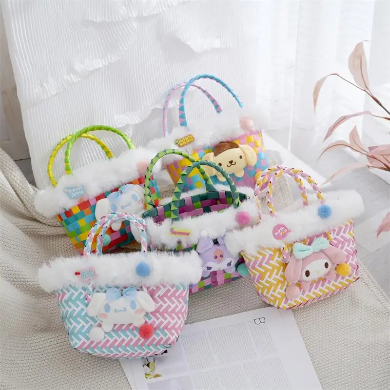

Kawaii Sanrio My Melody Woven Handbag Hello Kitty Kuromi Vegetable Basket Bag Cartoon Cute Anime Pendant Handmade Bag Girls