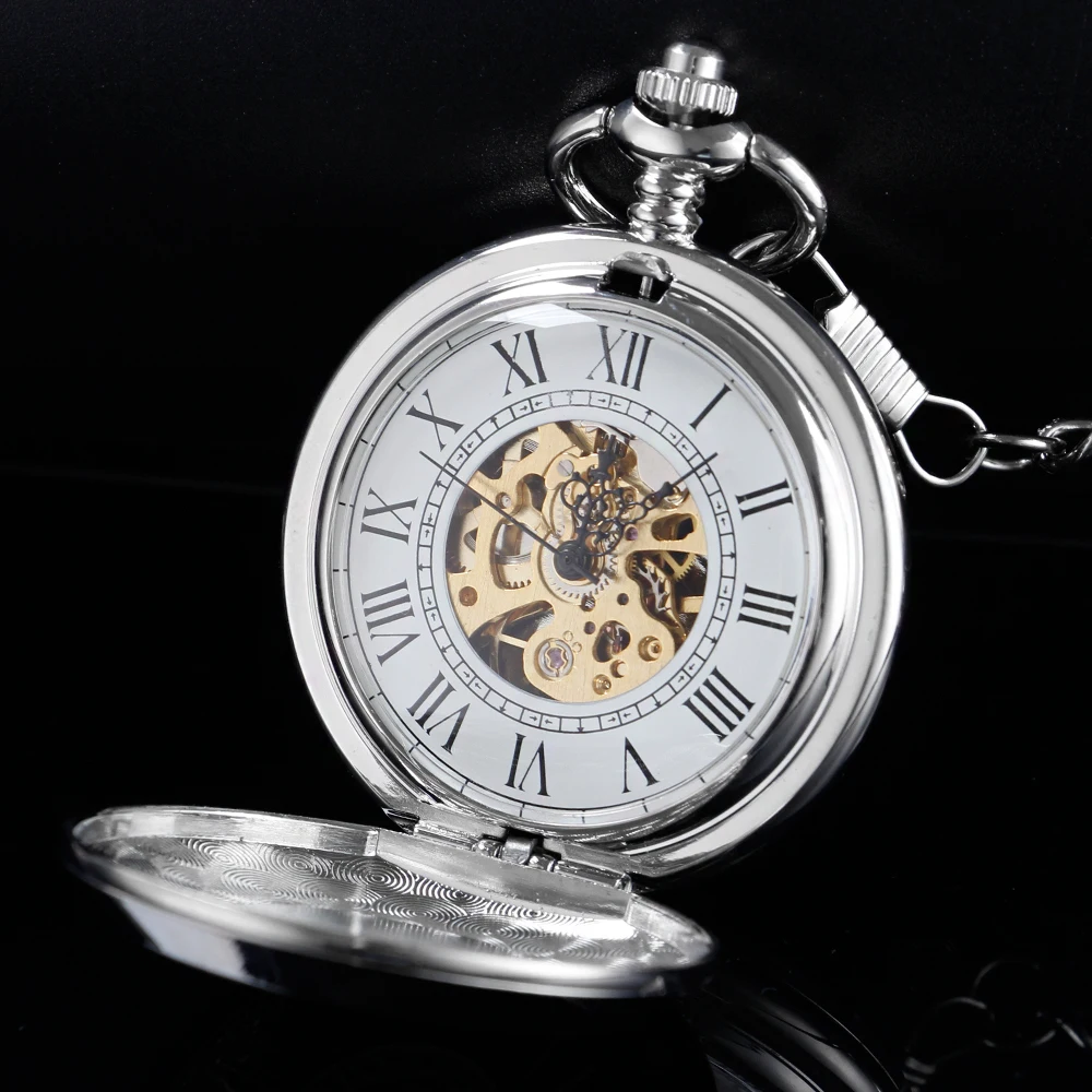 Silver Party Emblem Hollow Out Mechanical Men's Watch Double Sided Roman Dial Clock Handwind Pocket Watch with Fob Chain Gift