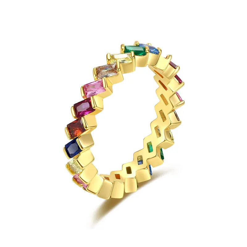 

Multi Color CZ Eternity Band Ring for Women Gold Plated Rainbow Baguette Cubic Zirconia Rings Birthday Christmas Valentines Gift
