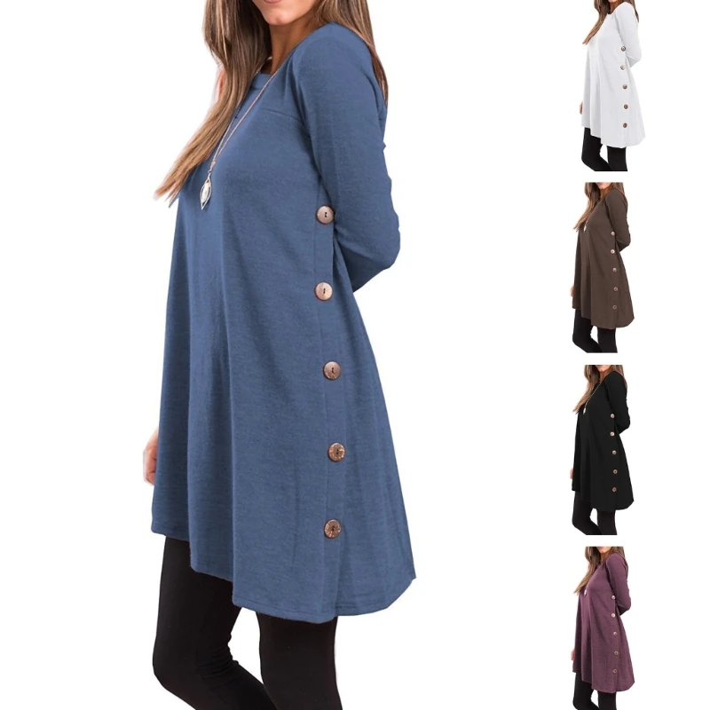 

Женские зимние осенние платья, Повседневное платье-футболка с боковыми пуговицами, свободное платье-туника