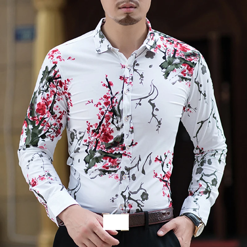 Мужская хлопковая рубашка с длинным рукавом повседневная приталенная цветочным