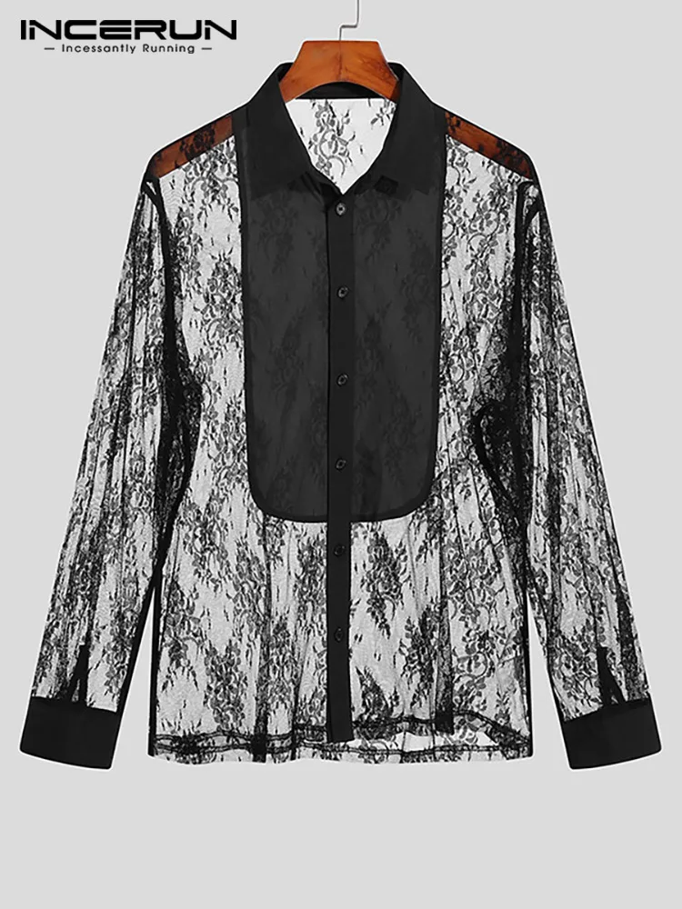 Party Shows Style New Men's Sexy Lace Stitching Shirts Stylish Male Solid All-match Long-sleeved Blouse S-5XL INCERUN Tops 2022