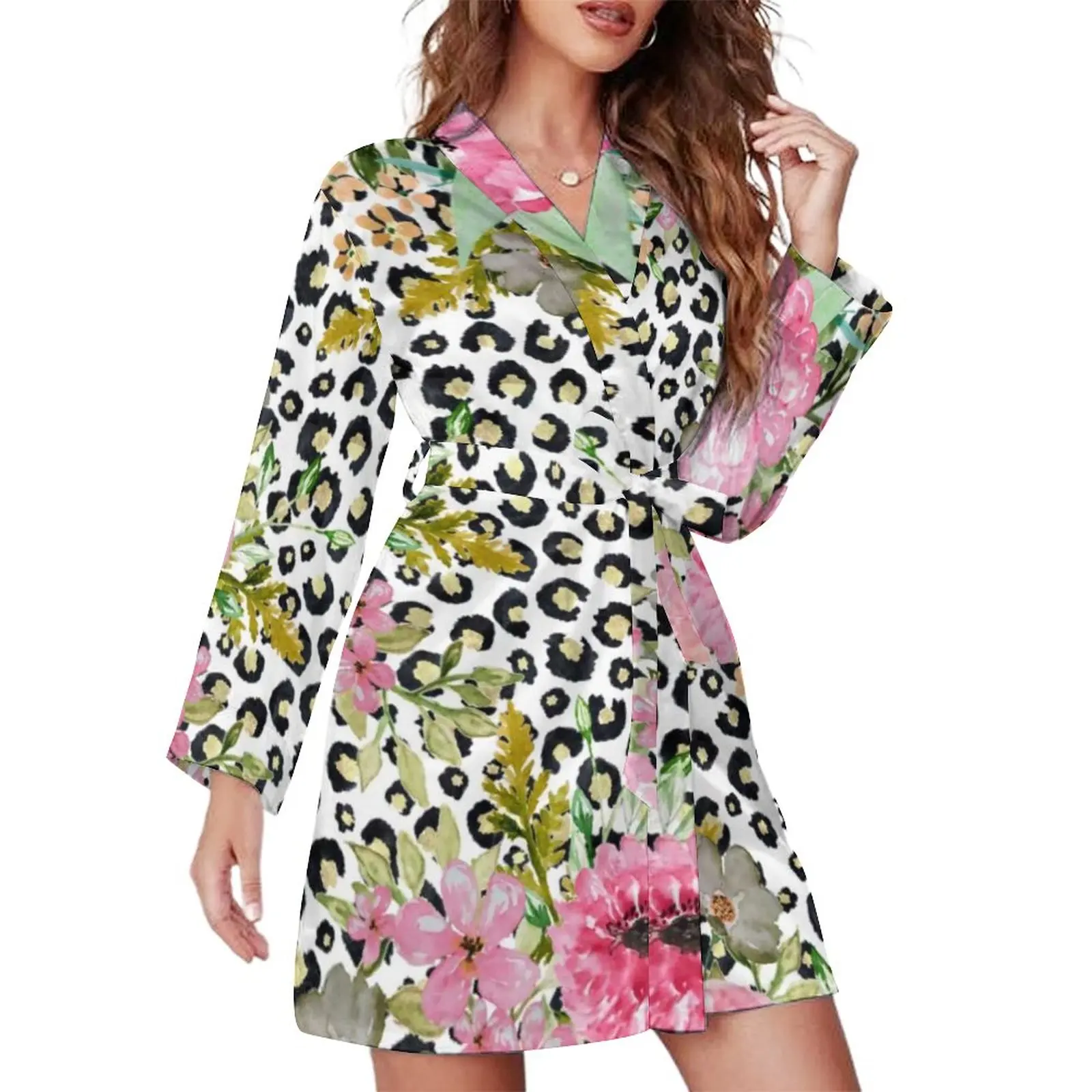 

Элегантный Пижамный халат с леопардовым принтом, платье с V-образным вырезом и розовым цветочным дизайном, женская повседневная одежда для ...