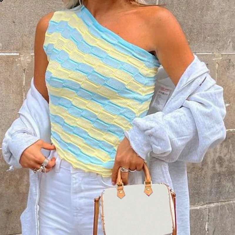 Printed Knitted Cropped Top Y2k Asymmetrical One-shoulder Corset Top Womens Backless Beach Camis Retro Vacation Undershirt