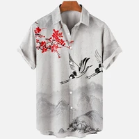 hawaiian mens shirts summer lapel short sleeves koi crane flower print casual shirts street travel oversized camisas de hombre