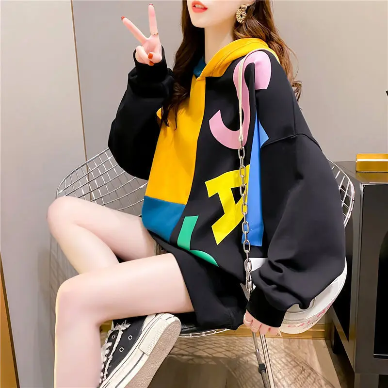 

Letter Sweatshirts for Women Printing Hoodies Cute Hooded Kawaii Tops Long Female Clothes Text Matching New In Basic Casual E M