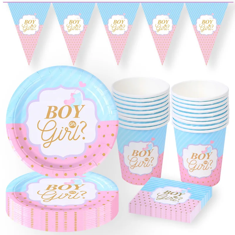 

Pink Blue Boy or Girl Reveal Boy Girl Baby Shower Party Disposable Paper Plate Banner Tissue Paper Cup Decoration