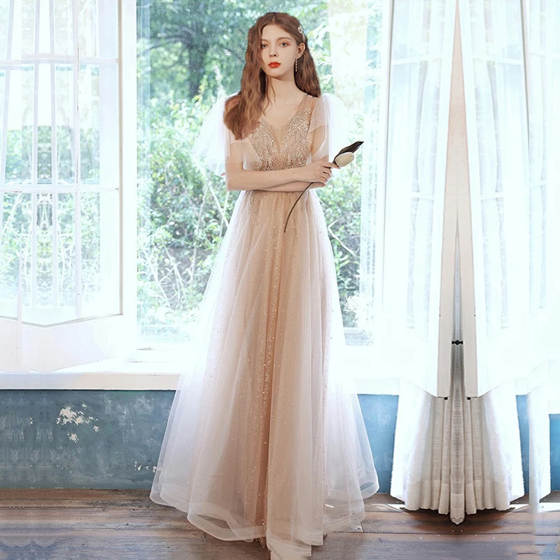 

LAMYA V Neck Beads Appliques Evening Party Dress Elegant A Line Prom Dresses Women Plus Size Sleeveless Vestido De Noche