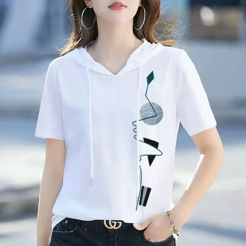 

Solid Color Short Sleeved T-shirt Women's Summer Clothes New Korean Fashion Loose Casual Lady Hooded T-shirt