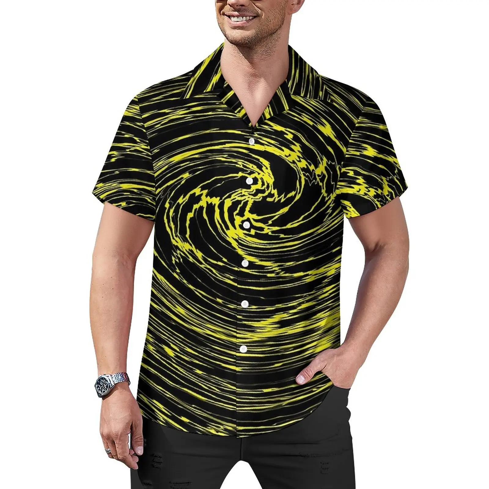 

Повседневная рубашка с мелким рисунком, желтая пляжная Свободная рубашка Vortex, Гавайские забавные блузки, топы большого размера с коротким рукавом и графическим принтом