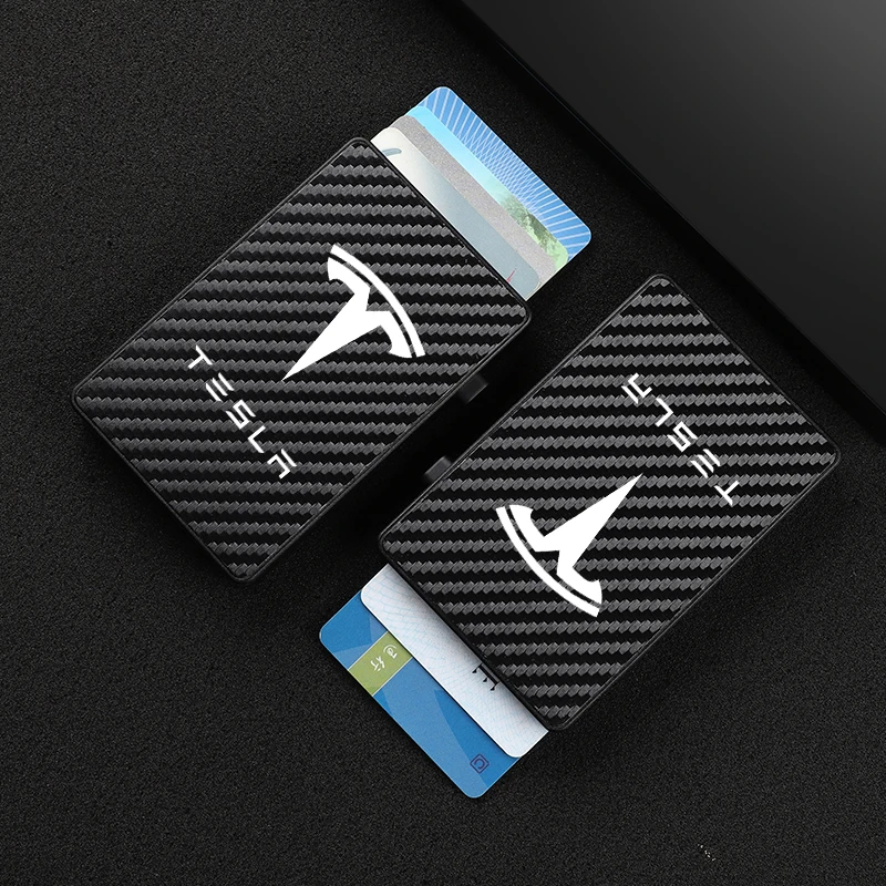 

RFID-защита от кражи, углеродное волокно, Роскошный телефон, кредитный банк, умный выдвижной кошелек для Tesla Model 3, модель Y, модель X, модель S, авт...