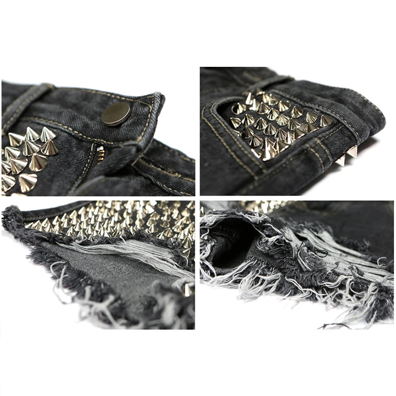 Dark Gothic Black Rivet Denim Shorts Women Holes Ripped Tassel High Waist Jeans Short Pants Y2K E-girl Punk Hip Hop Streetwear