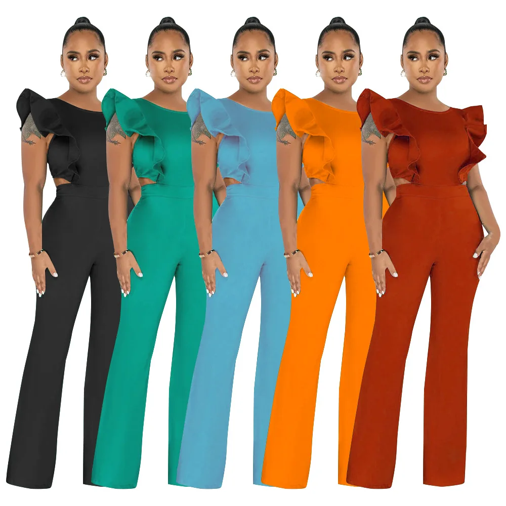 2023 Best Quality Famous Brand Jumpsuits Solid O-neck Ruffles Sleeveless Office Lady Bodycon Rompers Party Overalls Dropshipping
