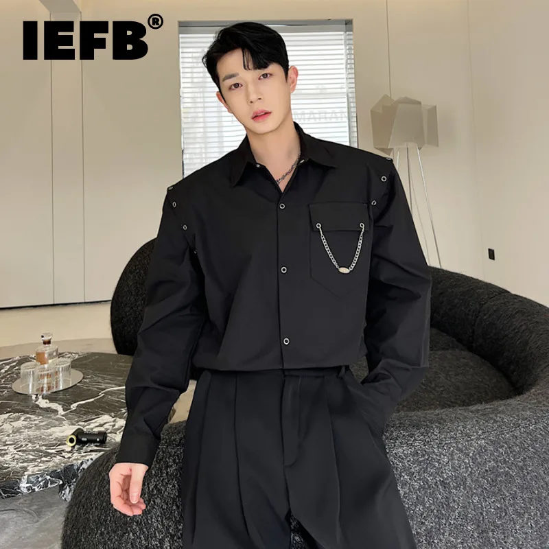 

IEFB Korean New Fashion Long Sleeve Shirt Men's Personality Solid Color Turn-down Collar Top Single Breasted Male Clothing A7970