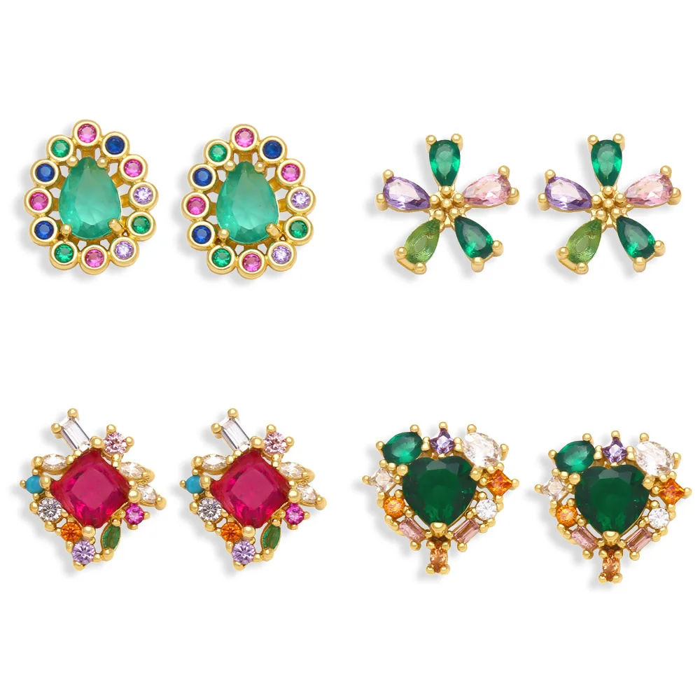 

Rainbow Zircon Waterdrop Stud Earrings for Women Copper Gold Plated Earpin Green Crystal Daisy Ear Studs Jewelry Gifts ersa013