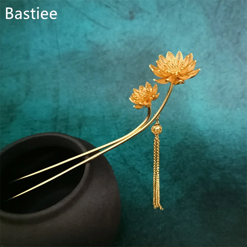 

Bastiee S999 Pure Silver Gilded Hairpins Miao Handmade Lotus Buyao Hair Accessories Chinese Hanfu Qipao Jewelry for Women