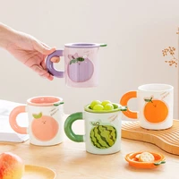 korean style cartoon fruit ceramics mug with cover porcelain cup afternoon teacup mouthwash cup milk juice drinking utensils