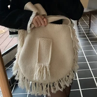 casual crochet hobo women shoulder bag tassel designer bags for women 2022 yarn knitting crossbody bag female purse and handbags