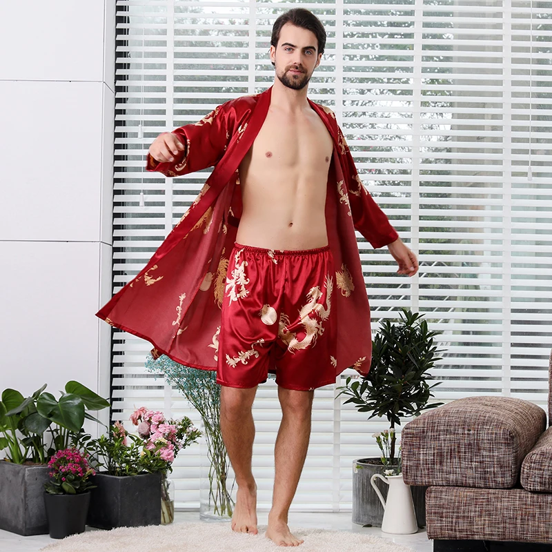 High-end Inoble Imitation Silk Men's Bathrobe Shorts Two-piece Large Size Men's Pajamas Pajamas Home Clothes