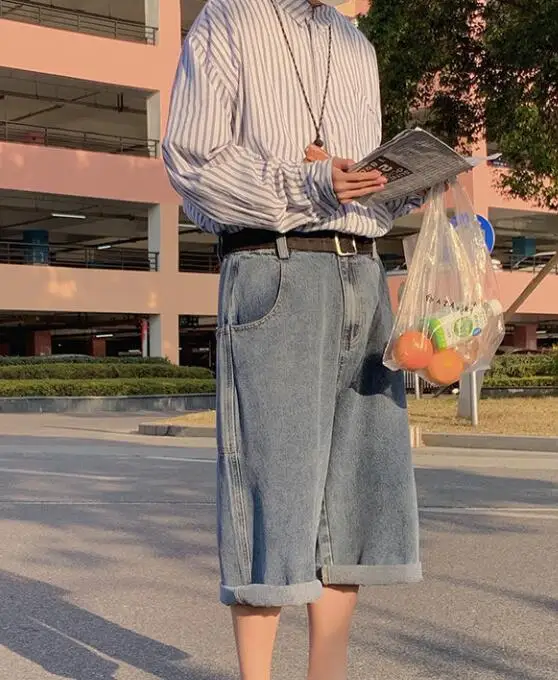 Summer Denim Shorts Men's High Street Jeans Wide Leg Calf-Length Pants Big Pocket Casual Straight Jeans