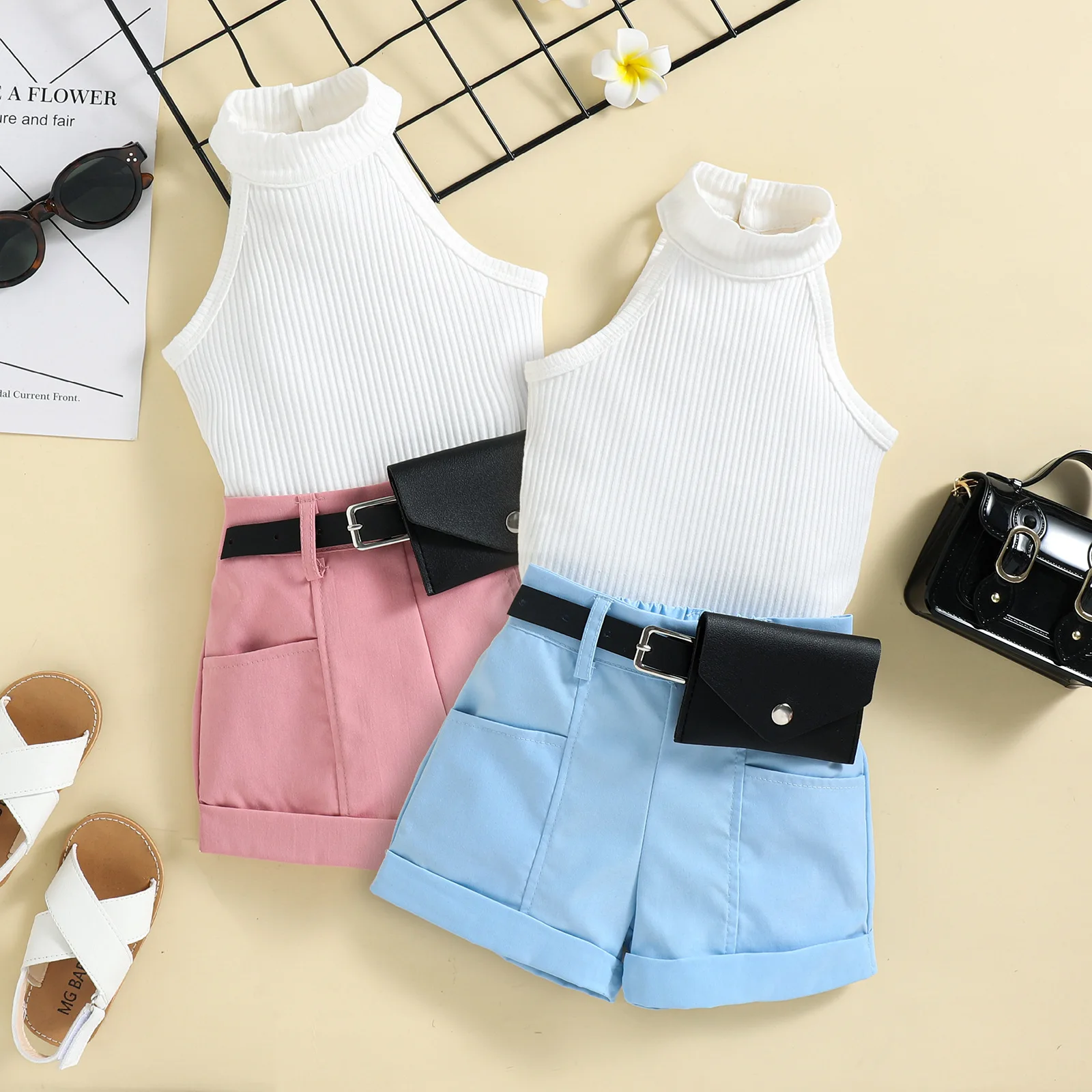 

Baby Clothes for Girls Children Casual Outfits Infant Solid Halterneck Top + Shorts With Waist Bag 2pcs Set Toddler Clothing
