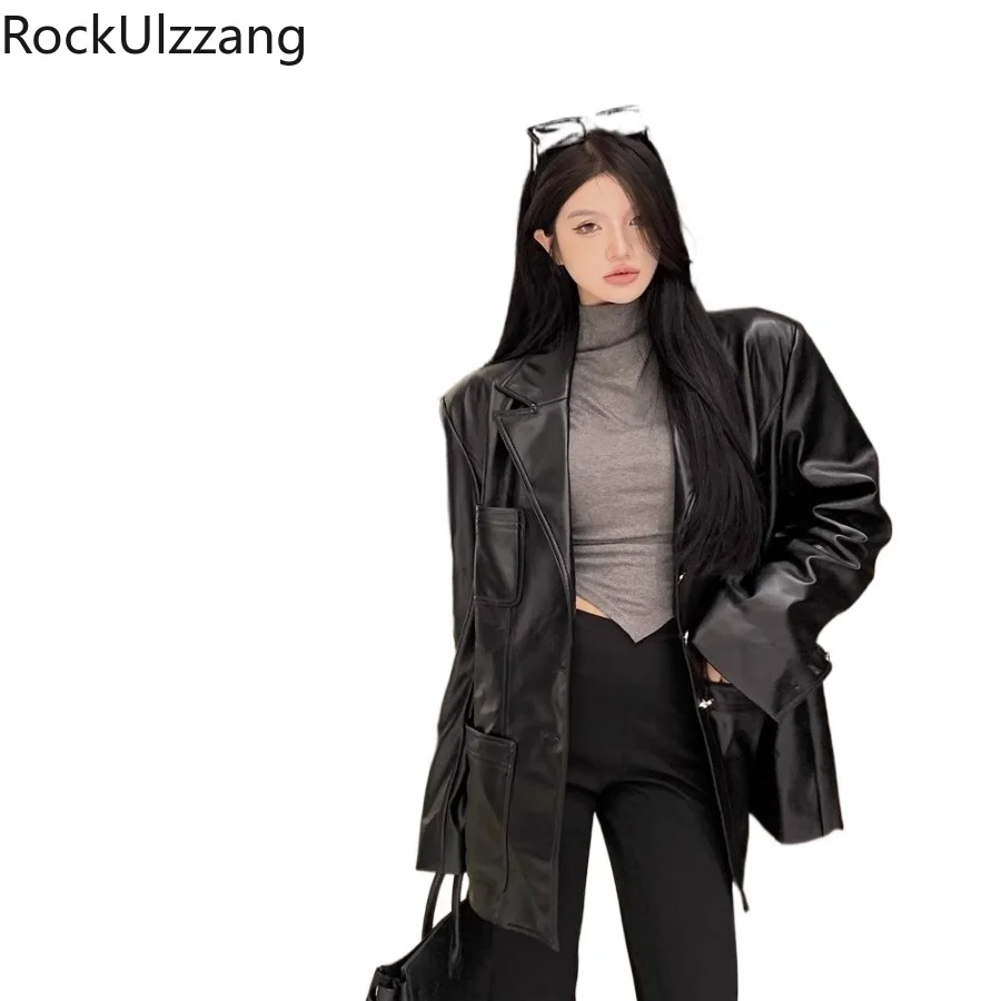 

Black Leather Blazer Jacket Women Moto Biker Coats Loose Casual Outerwear Fall Autumn Spring Windbreaker harajuku y2k clothing