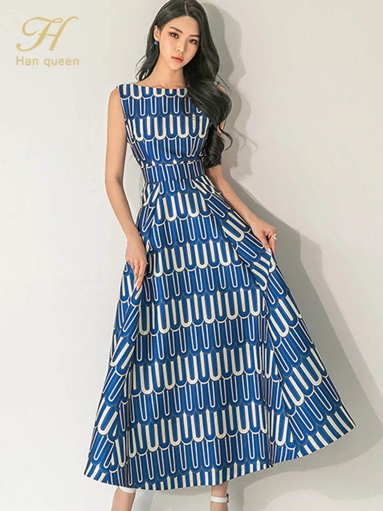

H Han Queen New Korean Sleeveless Elegant O-Neck Office Dress Women Summer Simple Basic Print Long Dresses Casual Party Vestidos