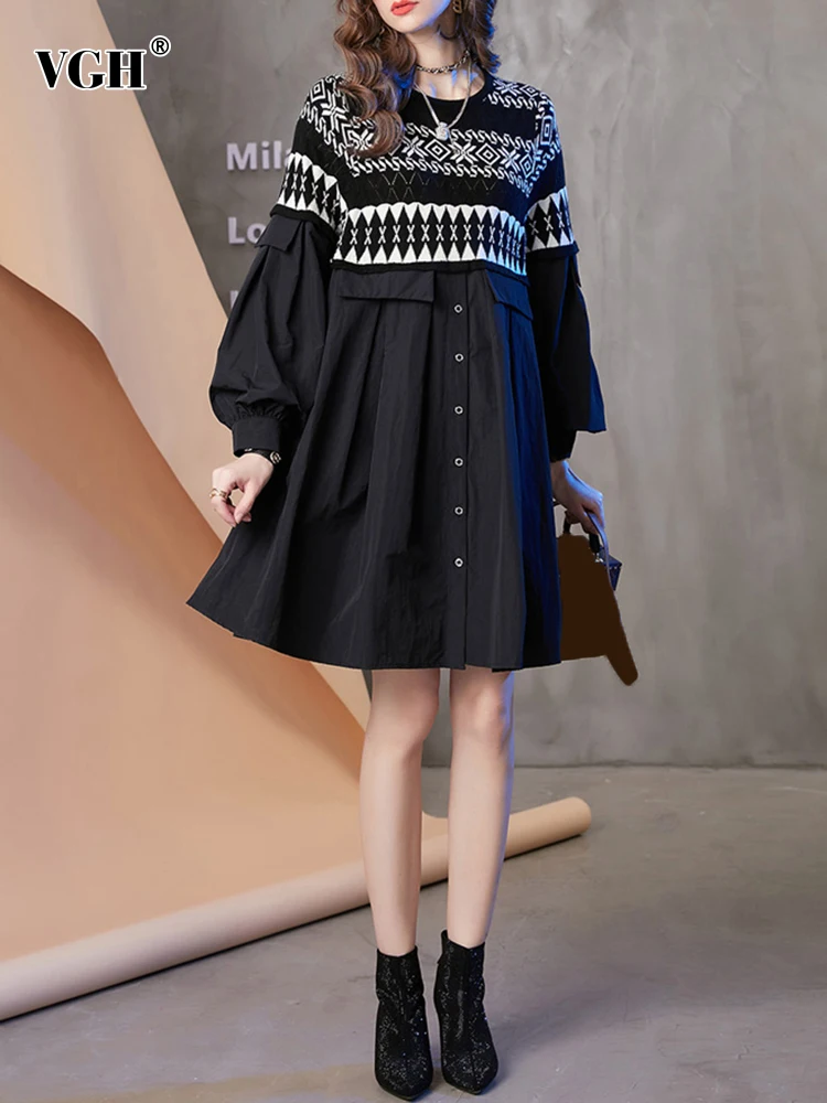 

Женское ТРАПЕЦИЕВИДНОЕ ПЛАТЬЕ VGH, корейское лоскутное платье средней длины с круглым вырезом и длинным рукавом, на пуговицах, женская одежд...